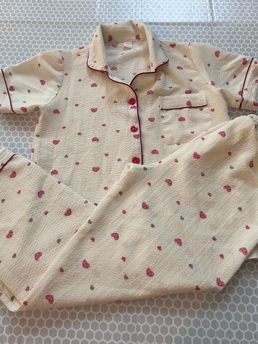 Cream Pajama Set with Pink Heart Print and Contrast Piping. Size M